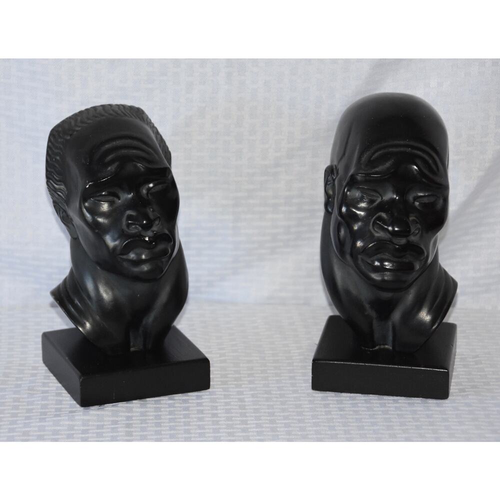 Signed Sculptures African Heads by American Artist Fred Press Tribal Bust
